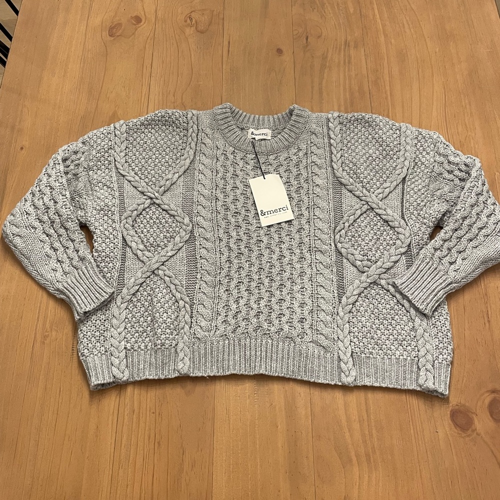 &Merci Medium Cropped Cable Knit Sweater in Grey